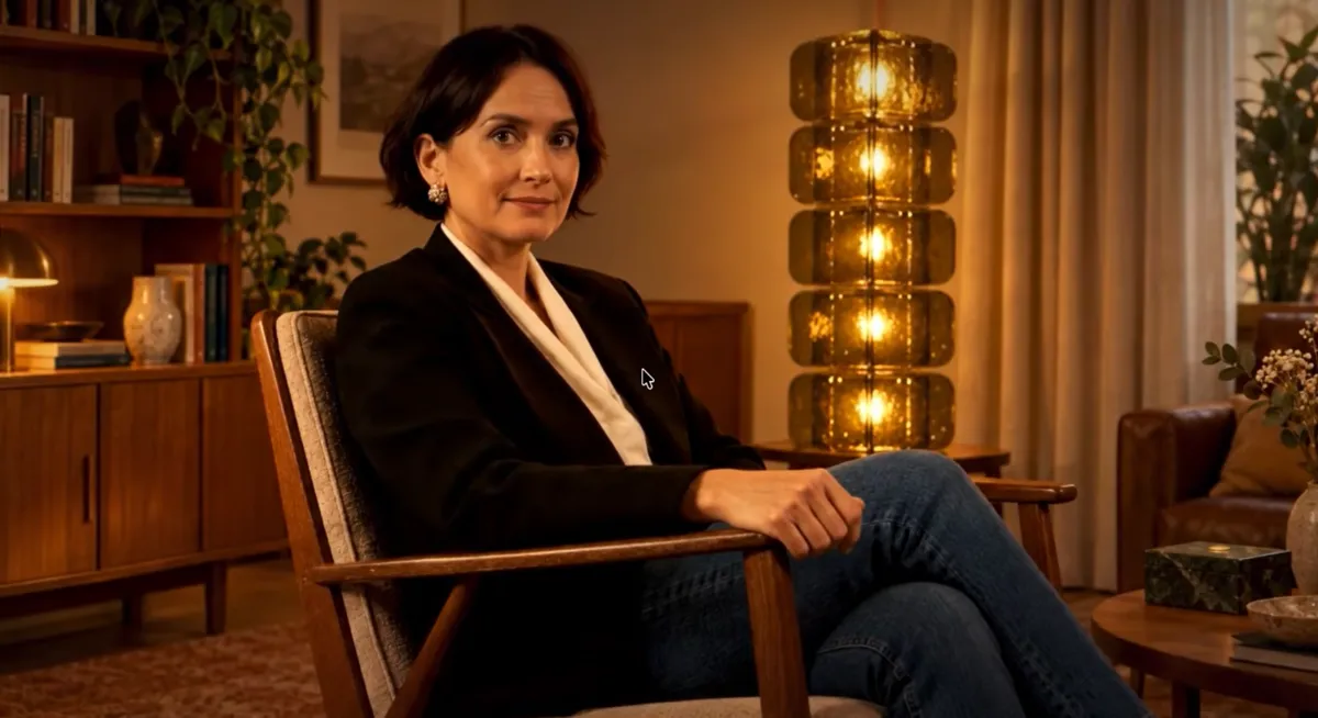 A psychologist in a dark blazer sitting in a warm, lamp-lit consulting room, looking at the camera