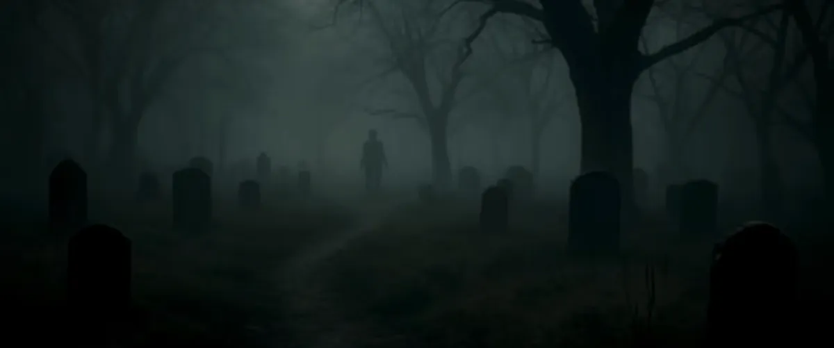 A foggy graveyard at night with bare trees and a dark figure standing on the path ahead