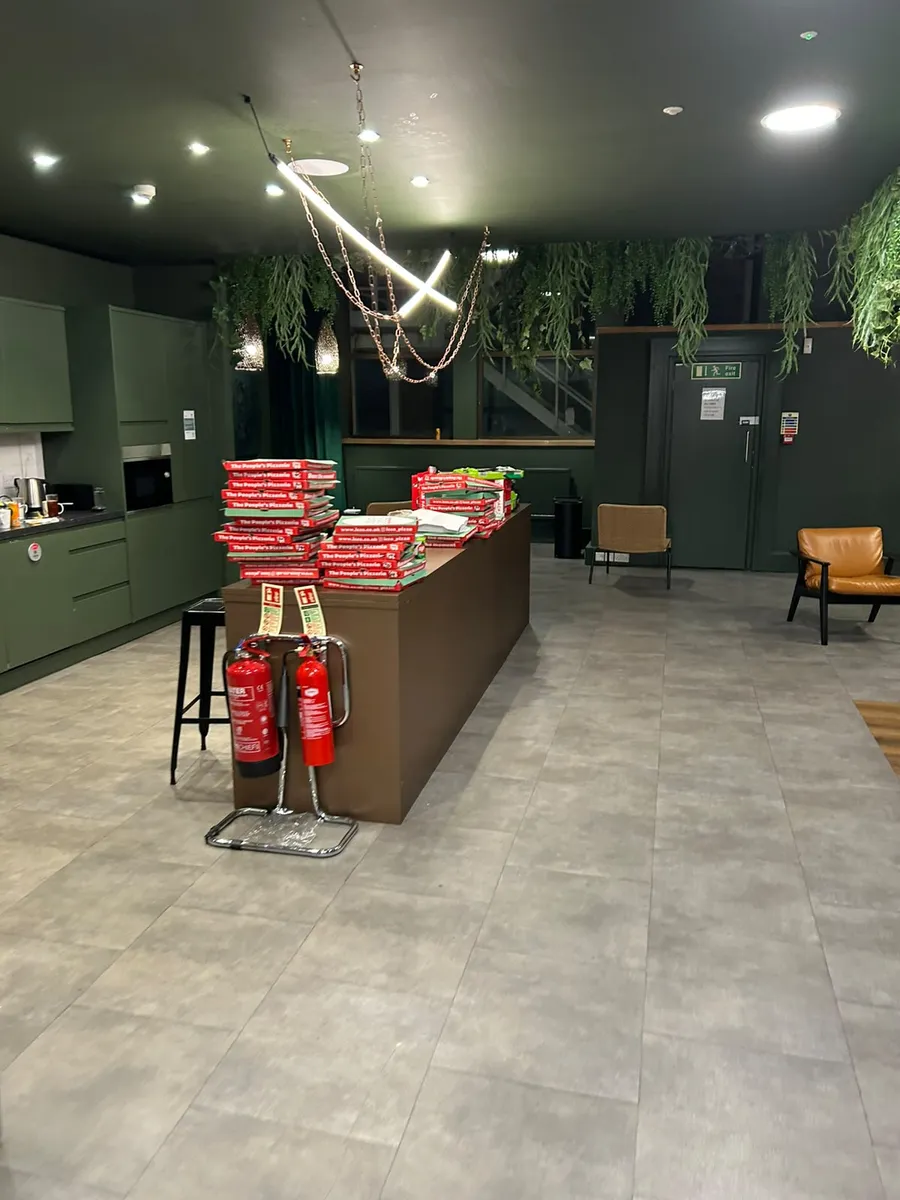 A kitchen island stacked with pizza boxes in a room with dark green cabinets and plants hanging from the ceiling