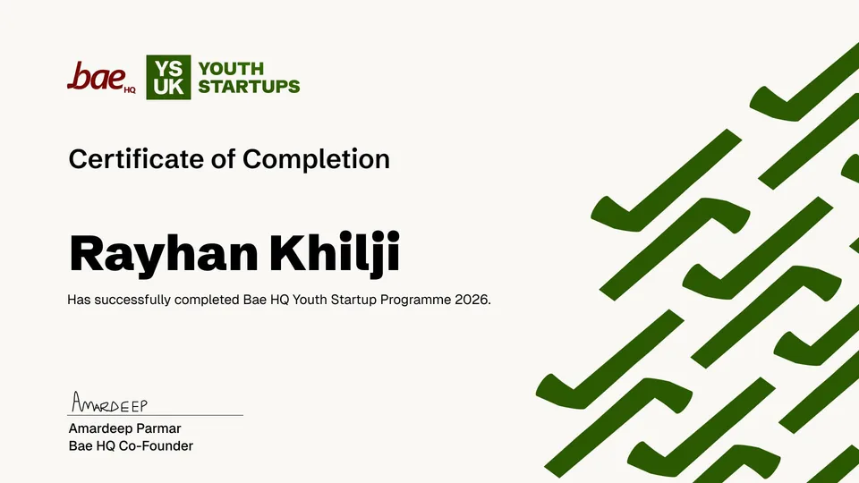 Youth Startup Programme certificate from BAEHQ and Youth Startups UK